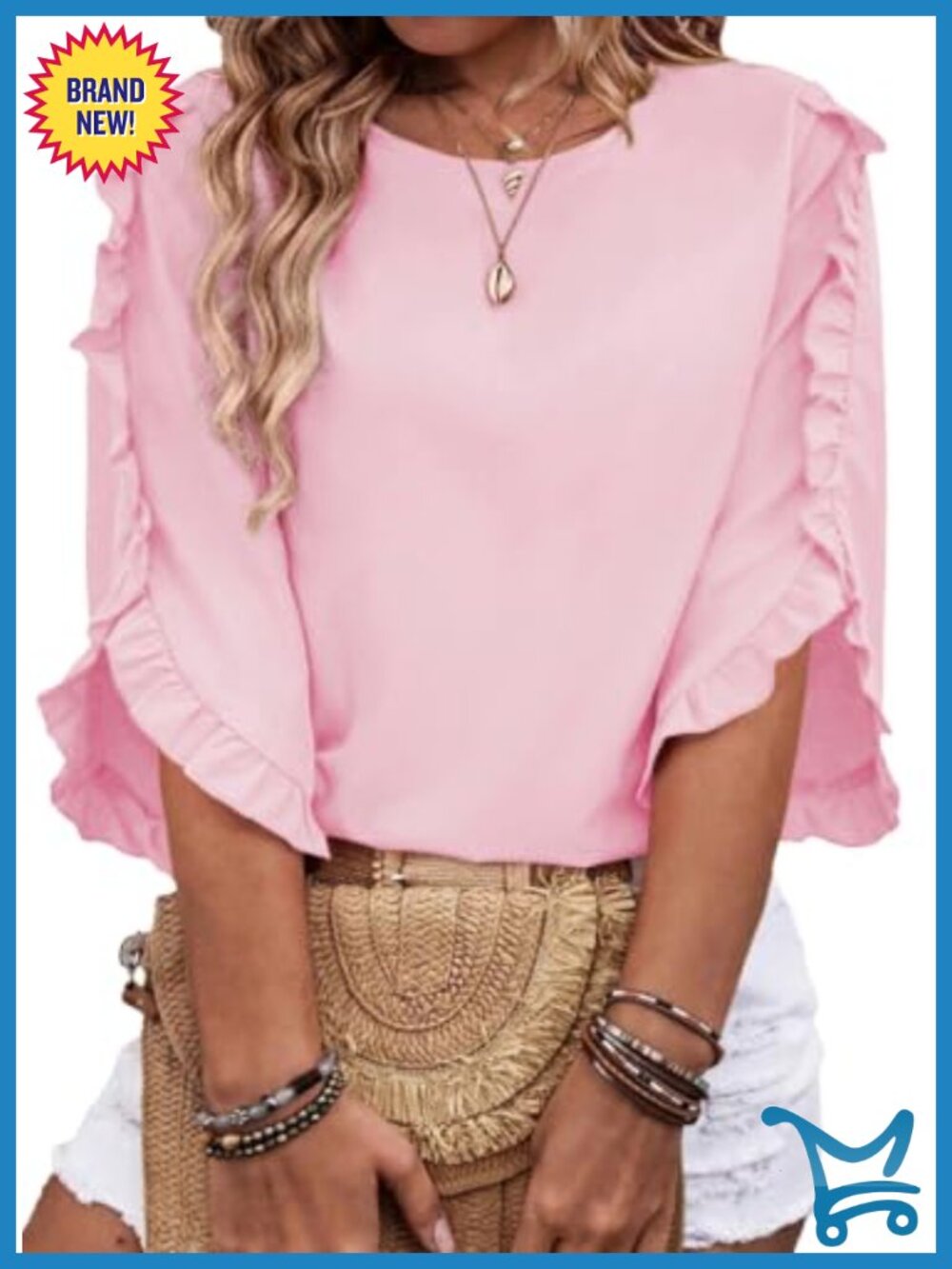 Plus Size Blouse with Ruffle 3/4 Sleeve Crewneck Dressy Casual Top
